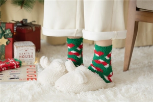Cozy red and green Christmas coral fleece socks paired with plush bunny slippers at home