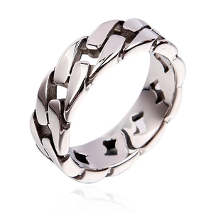 Detailed view of silver stainless steel ring with a trendy Cuban link chain design