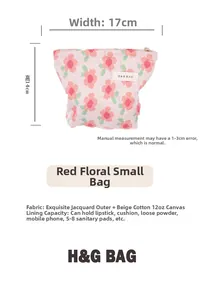 Detailed view of pink floral jacquard cosmetic bag with 17x14cm size specifications