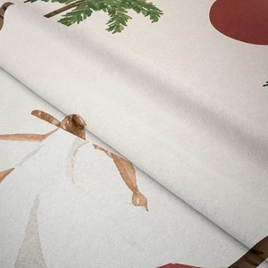 Detailed macro view of woven fabric texture with watercolor pine tree and animal print