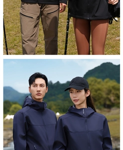 Detail of navy softshell hooded jacket for outdoor hiking and camping sports