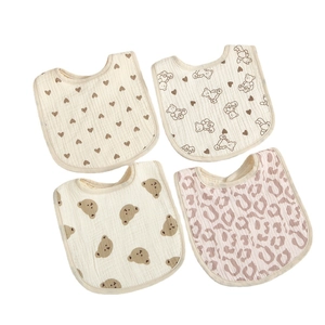 Set of four cotton 6-layer gauze baby bibs with heart, teddy bear, and leopard patterns