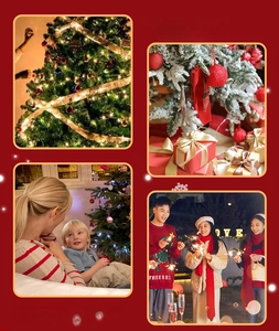 Detail showing lighted Christmas tree with colorful ornaments and festive gift boxes
