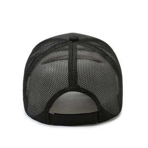 Men's summer black mesh trucker hat with adjustable closure and breathable back view