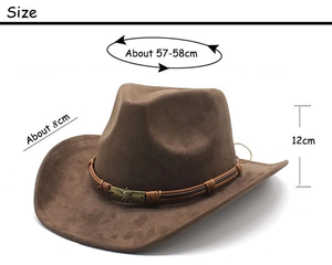 Detailed size specifications of brown suede western cowboy hat with skull accent