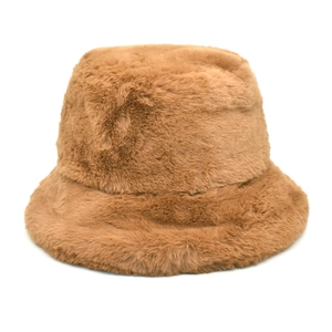 Detail of plush faux fur bucket hat in caramel brown with soft long-hair texture