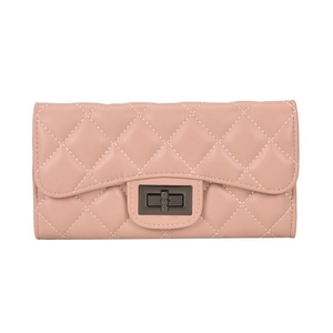 Detailed macro view of pink quilted leather long wallet texture and black metal twist lock
