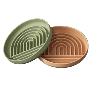 Eco-friendly silicone slow feeder pet bowl set in sage green and warm orange tones
