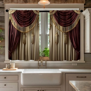 Detail of elegant burgundy and beige kitchen curtains with golden tassels and fringe