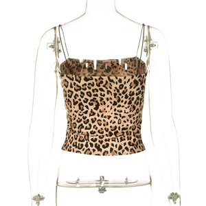 Detail view of the back of a slim-fit leopard print camisole with thin straps and sleek fabric