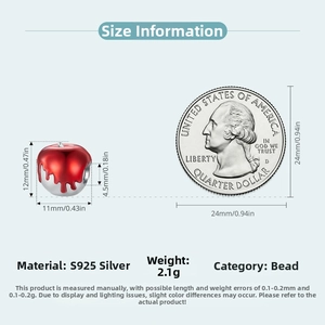 Size chart for S925 silver red apple charm measuring 12x11mm with a 45mm hole diameter