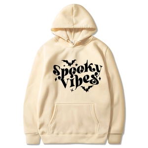 Cream Halloween hoodie with Spooky Vibes text and bat print on white background