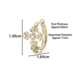 Élégante boucle d'oreille créole croix fleur de lys or café avec zircons blancs