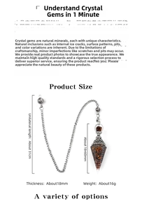 Detailed dimensions of hexagon crystal pendulum with antique silver chain and stone texture