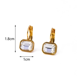 Elegant gold earrings with square zircon crystals, height 1.8cm and width 1cm, white background