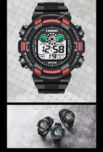 Macro shot of waterproof digital sports watches in red blue and yellow color variants