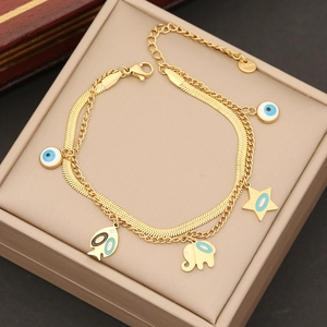 Bracciale a doppio strato in acciaio inossidabile dorato con ciondoli occhio e elefante