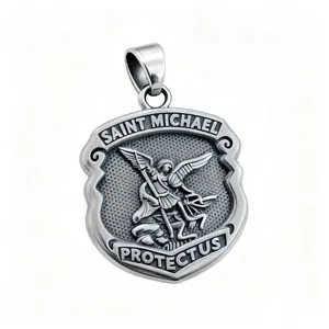 Saint Michael shield pendant necklace in antique silver finish with protect us engraving