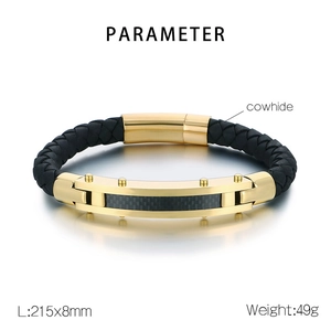 Detail showing 215mm length and carbon fiber inlay on black leather men's bracelet