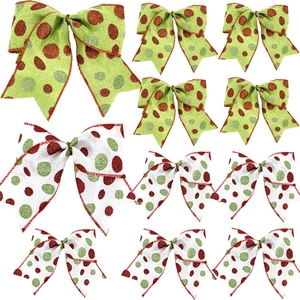 Lot de 10 nœuds de Noël festifs à pois rouges sur fond vert clair et blanc élégant