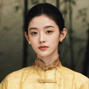 Close-up of golden horse stud earring worn by model in a stylish Neo-Chinese fashion look