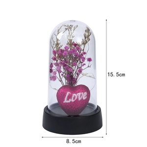 Luminous Valentine night light gift with purple dried flowers and pink Love heart