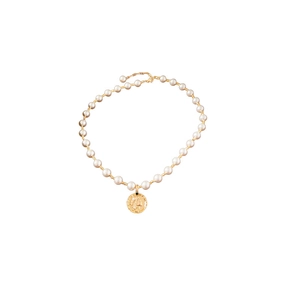 Gold plated pearl necklace featuring a vintage coin portrait pendant on a white background