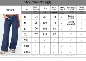 Tableau des tailles indiquant la longueur, les hanches et la taille des jeans cargo larges