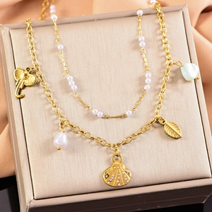 Ocean series double-layered titanium steel necklace with starfish, shell and pearl pendants