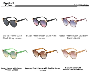 Detail view of cat eye sunglasses with pearl and rhinestone accents in six colors