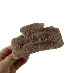 Brown fluffy faux fur rectangular hair claw clip for women's elegant winter hairstyles