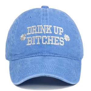 Vintage light blue washed baseball cap with white Drink Up Bitches embroidery for Patrick's Day