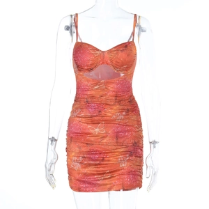 Sexy backless bodycon dress with orange floral print and side ruched detailing