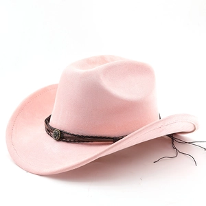 Pink suede cowboy hat with braided leather band and vintage bronze shield ornament