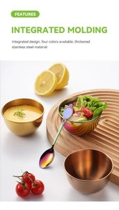 Close-up of colorful thickened stainless steel sauce bowls with a matching spoon set