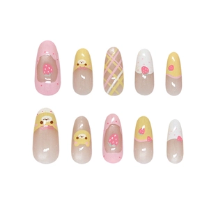 Pink strawberry and cartoon bear press-on nails with almond shape and plaid patterns