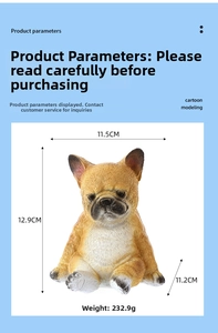 Detailed view of pug resin sculpture showing dimensions 11.5x12.9x11.2cm and 232.9g weight