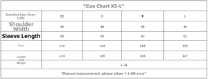 Size chart for hooded coat showing XS to L measurements in centimeters and grams