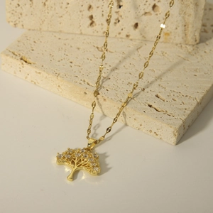 Golden Tree of Life necklace with zircon inlay on travertine stone for women