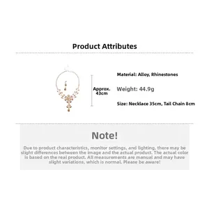 Macro detail of alloy rhinestone flower necklace and earrings set with dimension specs