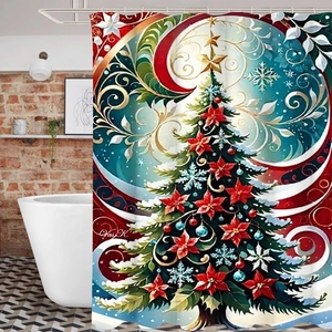 Rideau de douche sapin de Noël avec poinsettias rouges dans une salle de bain moderne