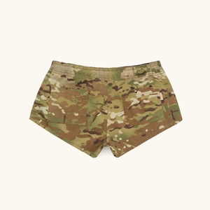 Detail showing camouflage pattern and durable twill fabric on low-rise cargo shorts