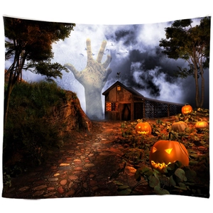 Halloween tapestry featuring a spooky moonlit scene with pumpkin lanterns and a stone hand