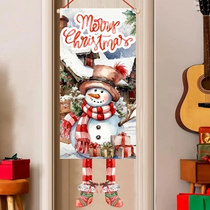 Christmas snowman door hanging flag with long striped legs and Merry Christmas greeting
