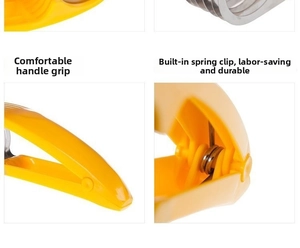 Macro detail of ergonomic yellow handle and stainless steel spring on banana slicer