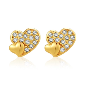 18K gold plated heart stud earrings with overlapping design and sparkling cubic zirconia