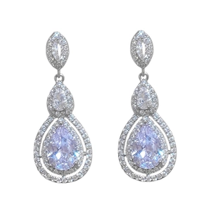 Elegant silver teardrop earrings with large zircon crystals and pavé halo settings