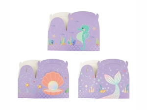 Purple mermaid theme gift boxes featuring seahorse and shell illustrations for parties