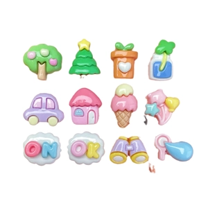 Mini glossy resin cartoon charms set featuring trees houses and cars for DIY crafts
