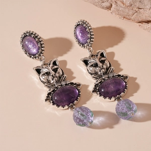 Vintage silver earrings with purple resin cat charms and antique style rhinestones